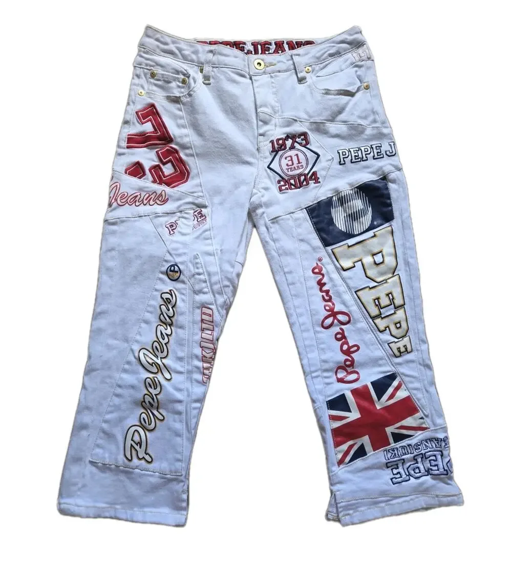 Y2K Pepe Jeans London Capri Pants Patchwork Logo Spellout Embroidered White 29 - Picture 1 of 9